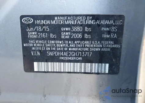 2016 Hyundai Elantra Se из США, поврежденный, VIN 5NPDH4AE2GH713717